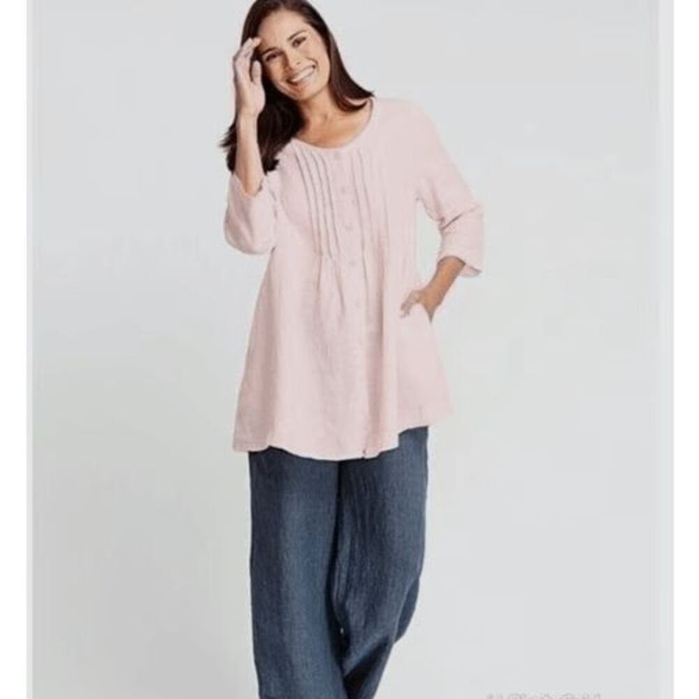 Flax Celebration‎ Linen Blouse Button Front A-Line Pintucks Blush Pink Size 6